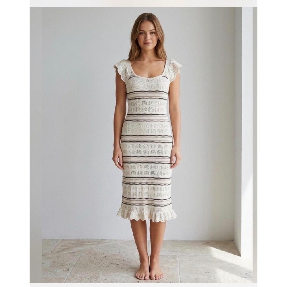 Freshman 1996 Striped Pointelle Knit Ruffle Midi Dress Cream Brown XS